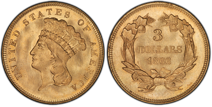 1866 Three-Dollar Gold Piece. MS-66 (PCGS).